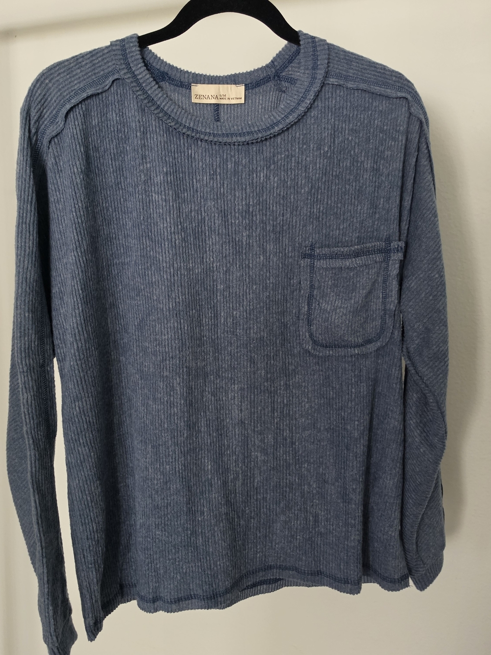 Zenana Dusty Blue Ribbed Crewneck Sweater with Chest Pocket - S/M